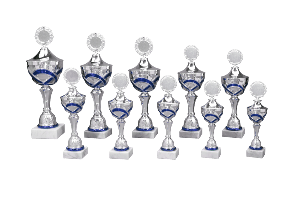 Silberpokal mit blauen Akzenten und festem Deckel