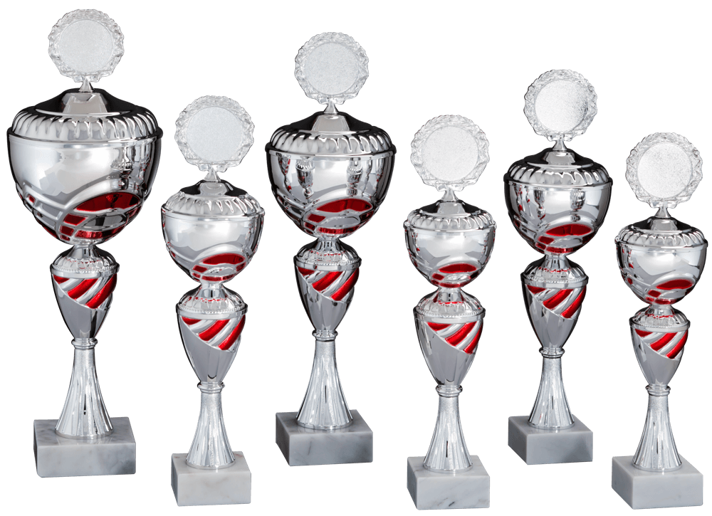 Silberpokal mit roten Akzenten und losem Deckel