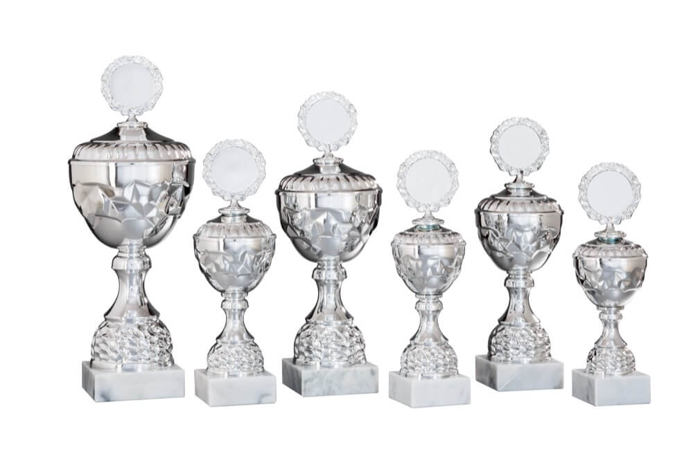 Silberfarbener Pokal mit strukturiertem Kelch und festem Deckel