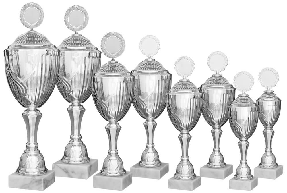 Silberner Pokal mit vertikalem Rillendesign und festem Deckel