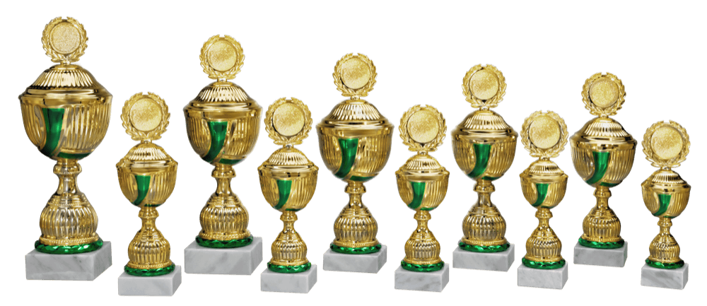 Goldfarbener Pokal mit strukturiertem Kelch und grünen Akzenten