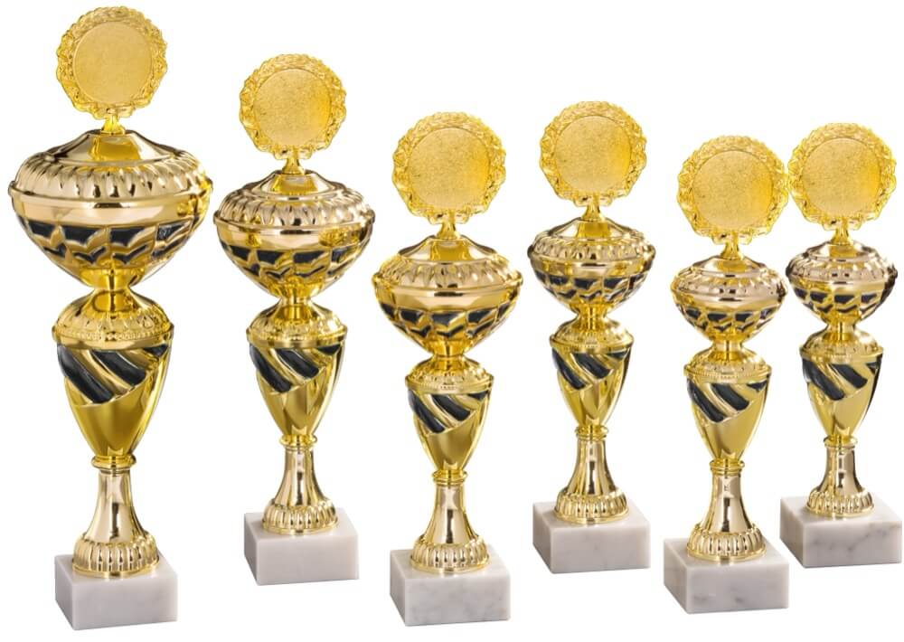 Goldener Pokal mit schwarzen Akzenten und losem Deckel