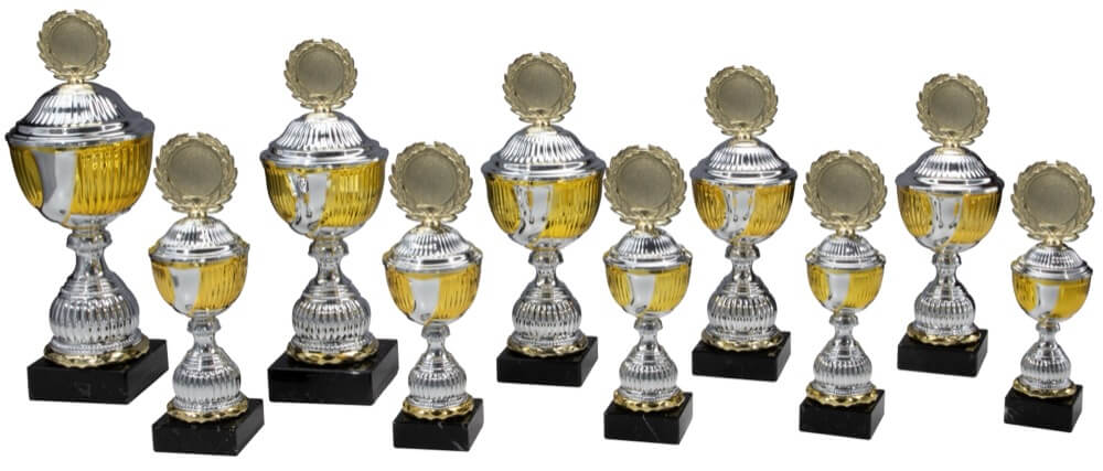 Silberfarbener Pokal mit strukturiertem Kelch und gelben Akzenten